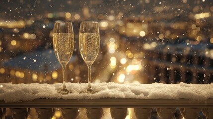 Two elegant champagne glasses filled with sparkling beverage, resting on a snowy balcony railing, with a blurred cityscape illuminated by festive lights in the background
