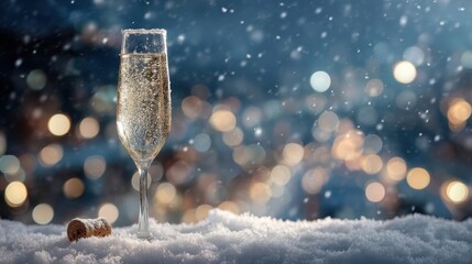 Sparkling champagne glass resting on fresh snow, surrounded by soft snowfall and blurred festive lights, creating a magical winter celebration atmosphere