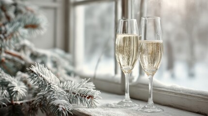Two elegant champagne flutes filled with sparkling beverage are placed on a snowy windowsill, surrounded by frosted pine branches, creating a cozy winter atmosphere