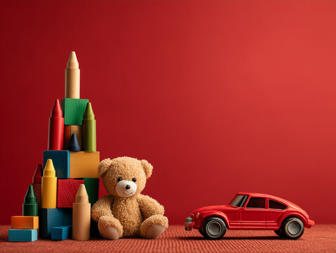 Creative children's toys, teddy bear, and car illustrating play and holiday joy on red. Christmas, new year, copy space