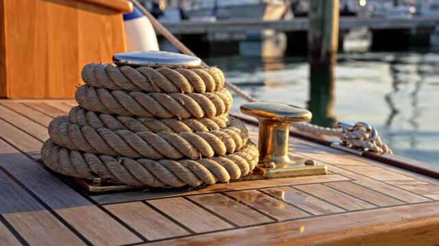 Nautical Scene with Twisted Rope on Boat Deck in Golden Sunset Light