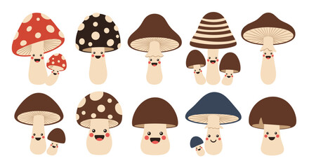 Collection of cute cartoon mushrooms with happy faces and unique hat designs.