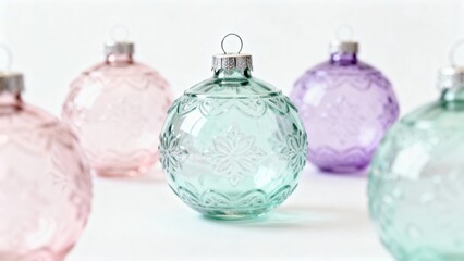 Delicate pastel-colored glass Christmas ornaments arranged on a white surface, perfect for holiday decor and festive inspiration.
