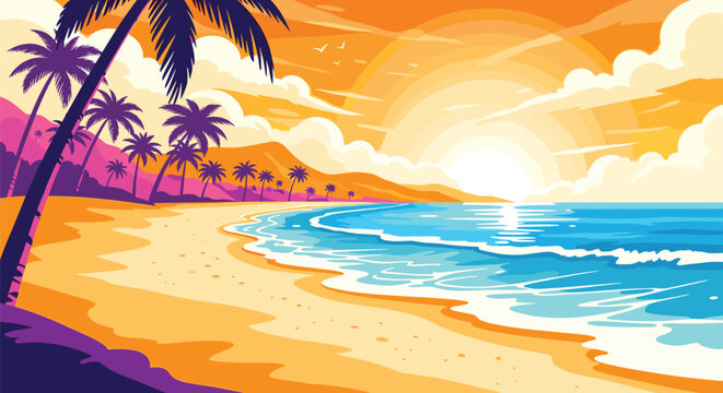 Vibrant sunset over a tropical beach with palm trees and crashing waves.