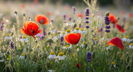 Naklejka premium flowers, wildflowers, meadow, macro, bokeh, spring, nature, soft, sunlight, floral, bloom, garden, beauty