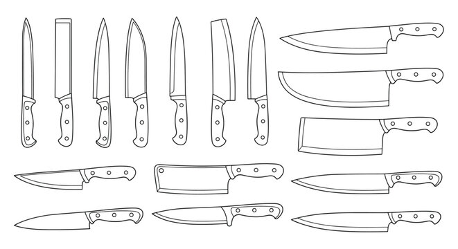 Collection of various kitchen knives and cleavers drawn in outline style on a white background.