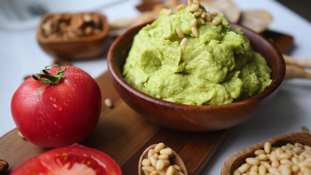 Delicious creamy guacamole in a wooden bowl served as a healthy vegan appetizer with fresh ripe tomatoes, pine nuts, and walnuts, creating a perfect plant based snack or meal