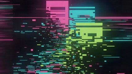 Dynamic digital data stream with vibrant glitch effect and abstract code elements, representing technology and cybernetic concepts.