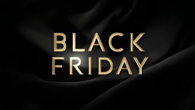 Black Friday sale golden text shines with glowing lights on smooth black fabric background, elegant shopping and retail promotion concept
