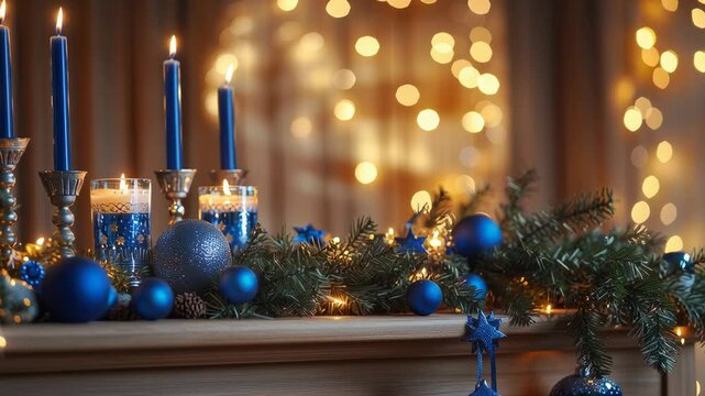 Festive Hanukkah arrangement with dreidels, candles, and garlands on a wooden mantel. Hanukkah