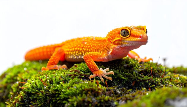 Orange Gecko on Mossy Surface: A captivating macro shot reveals a vibrant orange gecko perched on a bed of lush green moss, showcasing its intricate skin details and mesmerizing gaze.