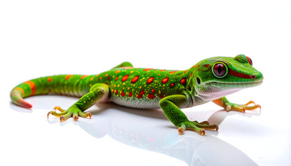 Fototapeta premium Vibrant Gecko: An eye-catching close-up showcases a radiant gecko, its skin adorned with striking emerald and crimson patterns, against a soft, unobtrusive background.