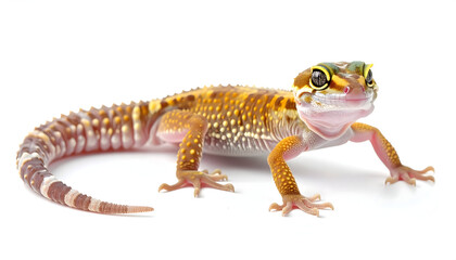 Naklejka premium Leopard Gecko Portrait: A vibrant and captivating leopard gecko showcases its striking patterned skin, intricate details, and unique charm, making a delightful portrait.