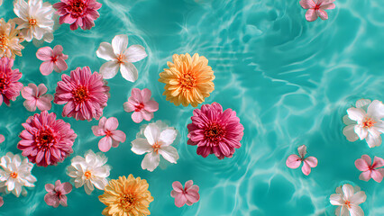  A colorful flowers floating on calm water. 