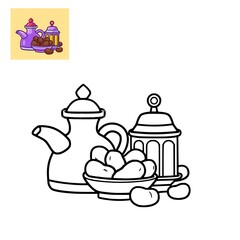 Colouring page A traditional Ramadan Iftar setting depicted in a simple line art style, featuring an Arabic teapot, a lantern, and a bowl of dates