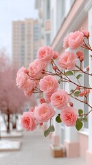 Close up of delicate pastel pink roses blooming in soft natural light with a blurred background of a building and bare trees in winter