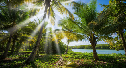 Obraz premium tropical, palm, sunlight, nature, summer, trees, leaves, paradise, jungle, vacation, sunlight rays, natural, landscape,