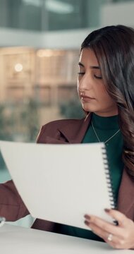 Office, document and woman with laptop, typing and data entry with info, financial analysis or plan. Accountant, research and person with paperwork for budget review and productivity with technology