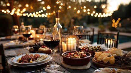 Elegant outdoor dining setup featuring a beautifully arranged table with gourmet dishes, wine glasses, and warm string lights creating a cozy atmosphere for a memorable gathering