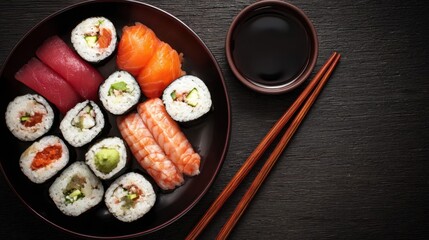 Assorted sushi platter featuring vibrant rolls, fresh fish, and colorful ingredients, elegantly arranged on a dark wooden surface with chopsticks and soy sauce