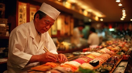 Asian chef in traditional attire skillfully preparing sushi at a vibrant restaurant, showcasing fresh ingredients and meticulous craftsmanship in a lively culinary environment