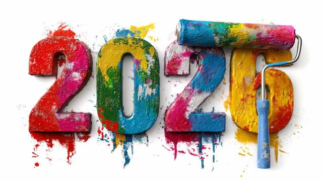 Bold 2026 numbers painted in vibrant colors using roller brush, textured style, on clean white background. Concept of creativity and new year