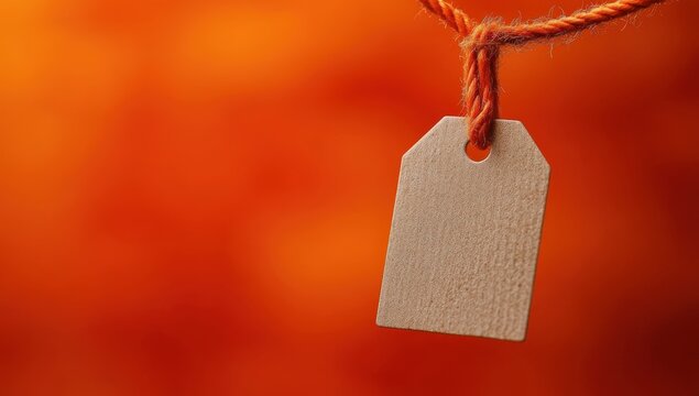 A simple label tag hangs from an orange thread, set against a blurred orange background that adds warmth and vibrancy.
