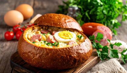 Traditional bread bowl filled with hearty soup, sausage, cabbage, and egg, garnished with parsley, served on a rustic wooden board.