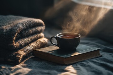 Cozy setup with tea, blanket, and book during morning light
