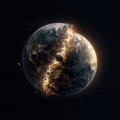 Fictional Earth-like Planet Shattering from Internal Explosion with Fiery Debris in Deep Space