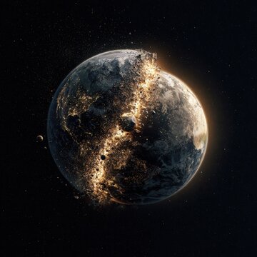 Fictional Earth-like Planet Shattering from Internal Explosion with Fiery Debris in Deep Space