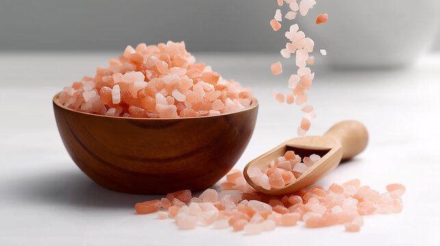 Pink Himalayan salt crystals displayed in a wooden bowl. Coarse pink salt - Powered by Adobe