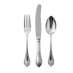 Ornate Silverware Set Fork Knife Spoon isolated on a transparent background