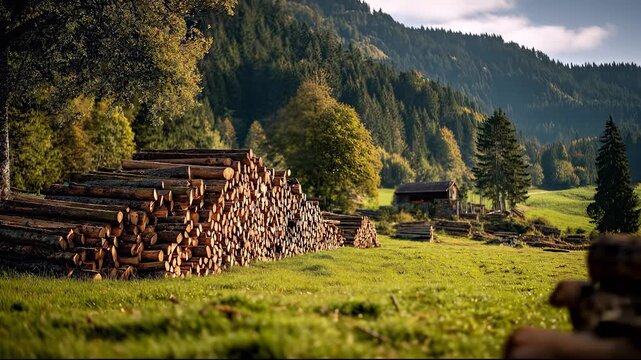 A man stands near a large stack of logs in a tranquil forest setting, surrounded by tall trees and lush greenery. The man admires the stacked logs while enjoying the peaceful natur