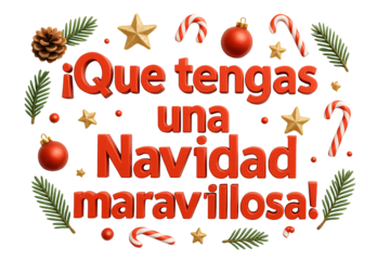 “¡Que tengas una Navidad maravillosa!” surrounded by festive garlands. Wishing joy.