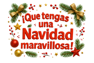 “¡Que tengas una Navidad maravillosa!” surrounded by festive garlands. Wishing joy.