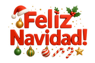 “¡Feliz Navidad!” with Santa hat. Classic Christmas greeting.