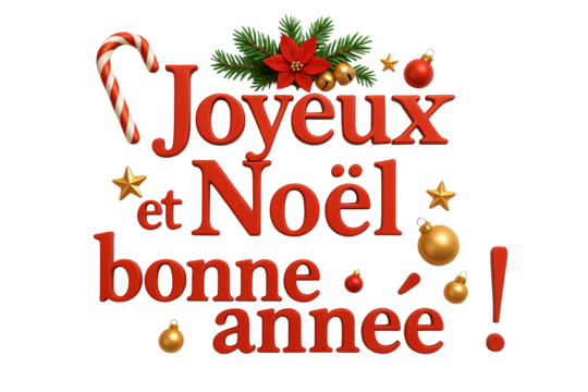 “Joyeux Noël et bonne année” with pine branches and ornaments. Winter greeting. - Powered by Adobe