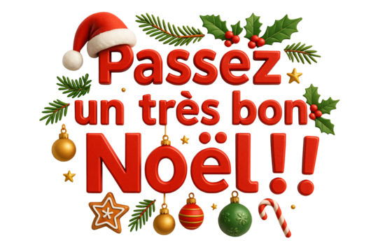 “Passez un très bon Noël!” in red letters with ornaments. Merry Christmas.