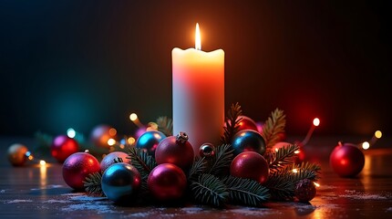 Red Candle with Christmas Ornaments and Snow in Festive Holiday Glow