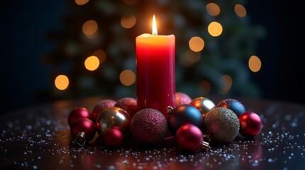 Red Candle with Christmas Ornaments and Snow in Festive Holiday Glow