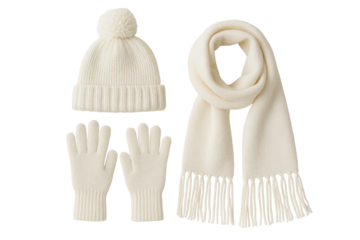 Winter set — ivory hat, scarf, and gloves. Warmth and elegance.