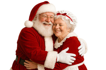 Santa and Mrs. Claus in warm holiday hug. Happiness and tenderness.