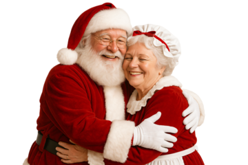 Santa and Mrs. Claus in warm holiday hug. Happiness and tenderness.