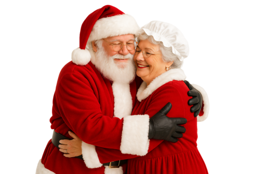 Santa and Mrs. Claus hugging. Love and holiday spirit. - Powered by Adobe