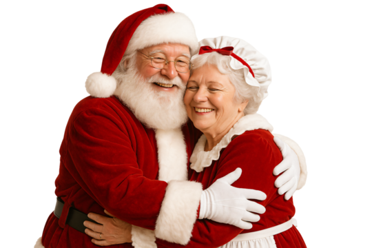 Santa and Mrs. Claus in warm holiday hug. Happiness and tenderness.