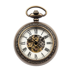Vintage mechanical pocket watch with Roman numerals and open gears, antique brass design isolated on white background for steampunk, timepiece, or collector themes.