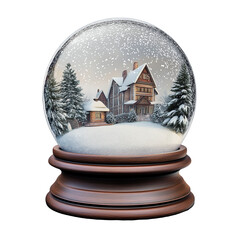 Christmas snow globe with winter house and trees inside, falling snow and wooden base isolated on white background for holiday decor or festive gift design.