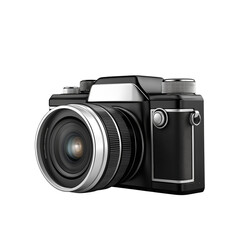 Fototapeta premium Vintage black photo camera with silver lens, classic retro design isolated on white background for photography, equipment, technology, or creative hobby themes.