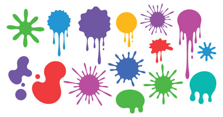 Color ink blots. Colorful paint splatters and drips in organic splashes. Bright, playful, bold abstract graffiti spots for kids art blobs, comics, pop art design. Vector isolated set